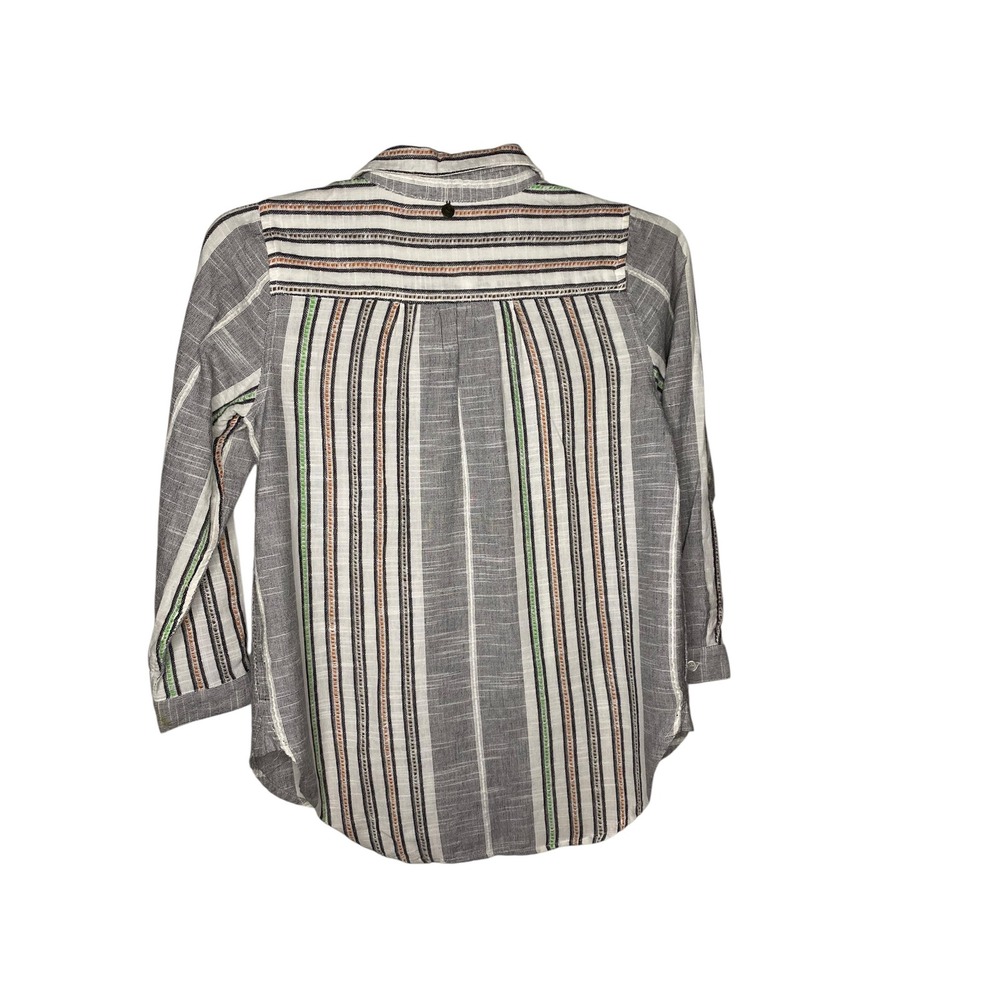 Soft Surroundings Embroidered Striped Split Neck Roll Tab Top Grey White PS - Picture 2 of 5